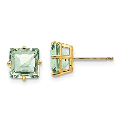 14k Yellow Gold 7mm Square Checker-Cut Green Quartz Earrings XE63CG