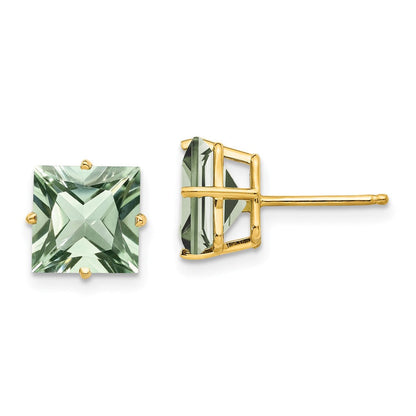 14k Yellow Gold 8mm Square Green Quartz Earrings XE64AG