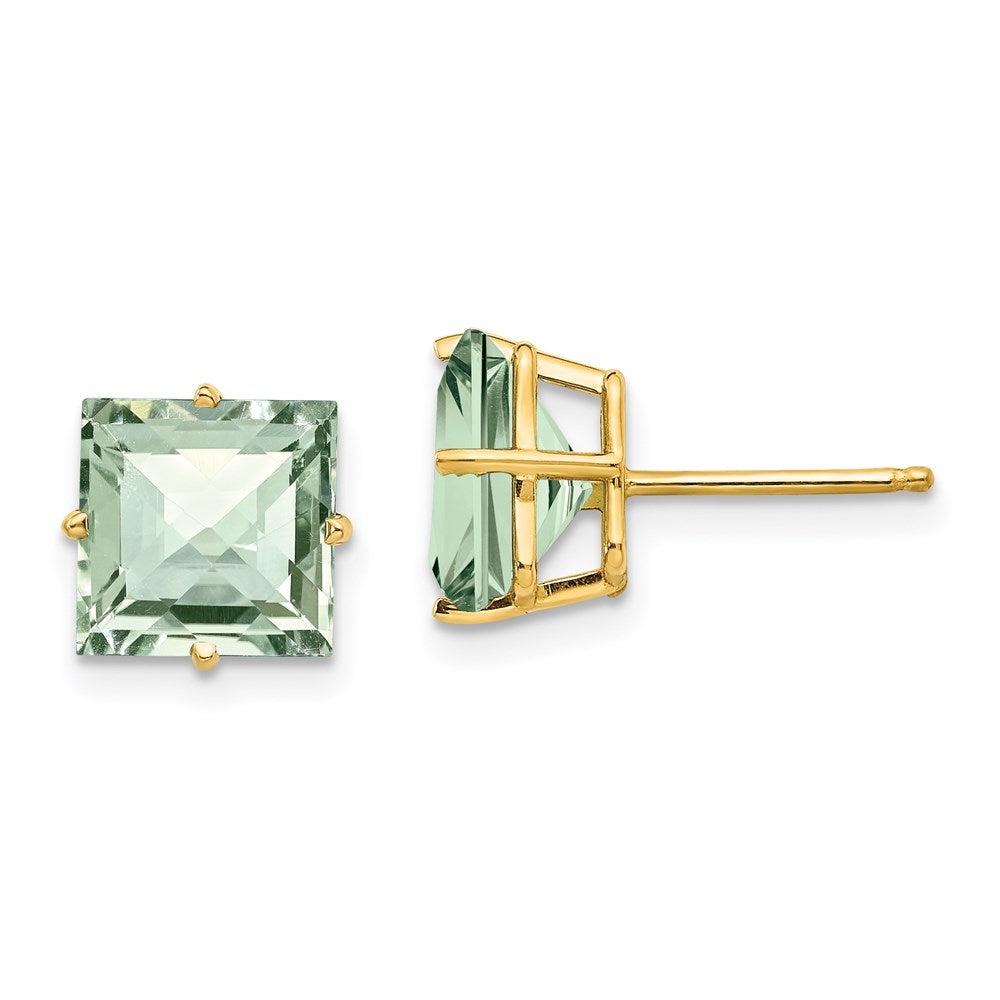 14k Yellow Gold 8mm Square Checker-Cut Green Quartz Earrings XE64CG