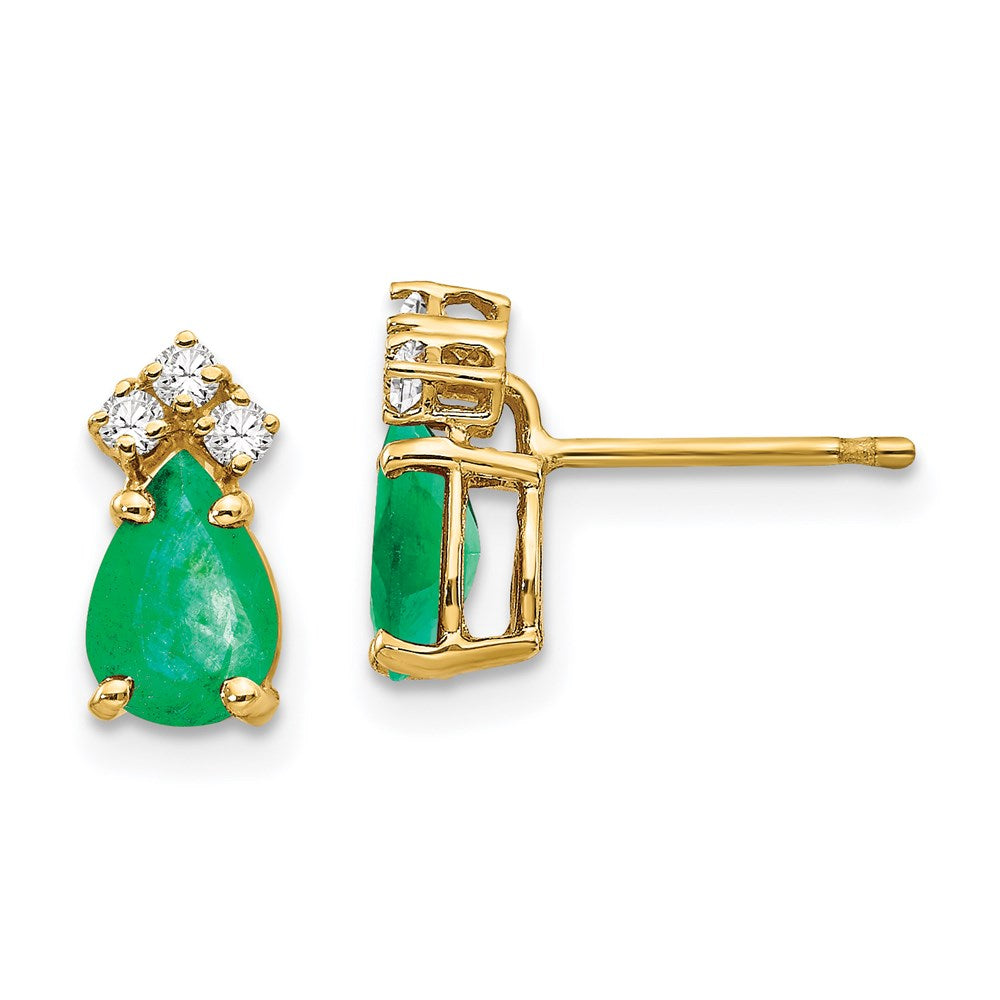 14k Yellow Gold 7x5mm Pear Emerald & AAA Real Diamond Earrings XE762E/AAA