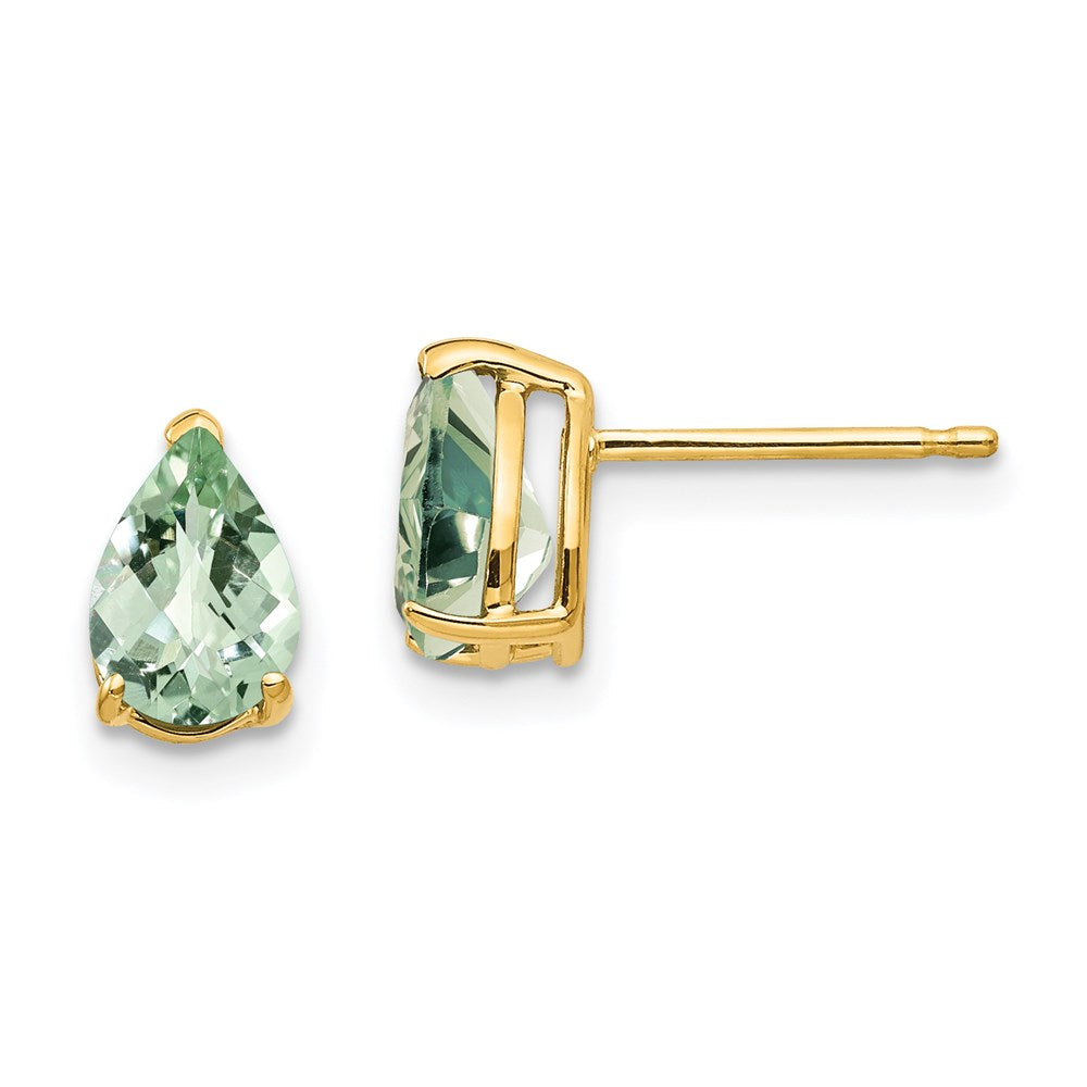 14k Yellow Gold 7x5 Pear Checker-Cut Green Quartz Earrings XE80CG