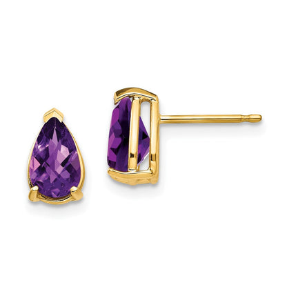 14k Yellow Gold 8x5mm Pear Amethyst Checker Earrings XE81AC