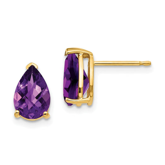 14k Yellow Gold 9x6mm Pear Amethyst Checker Earrings XE82AC