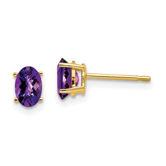 14k Yellow Gold 6x4mm Oval Amethyst Checker Earrings XE86AC