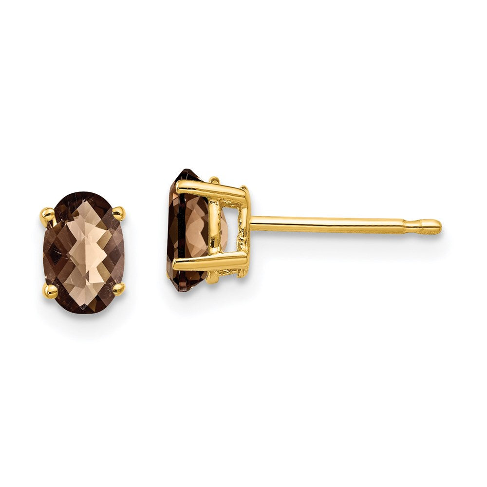 14k Yellow Gold 6x4 Oval Checker-Cut Smok Yellow Gold Quartz Earrings XE86CQ