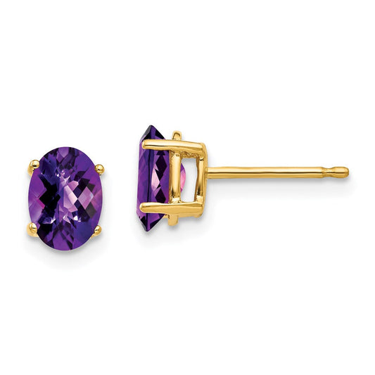 14k Yellow Gold 7x5mm Oval Amethyst Checker Earrings XE87AC