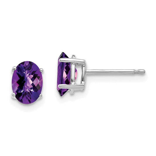 14k White Gold 7x5mm Oval Amethyst Checker Earrings XE87WAC