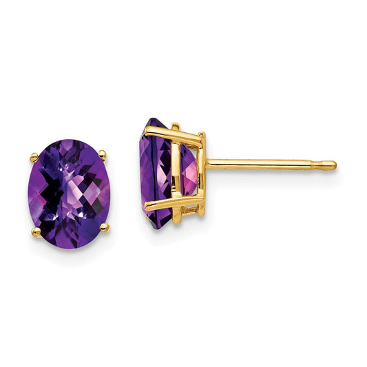 14k Yellow Gold 8x6mm Oval Amethyst Checker Earrings XE88AC