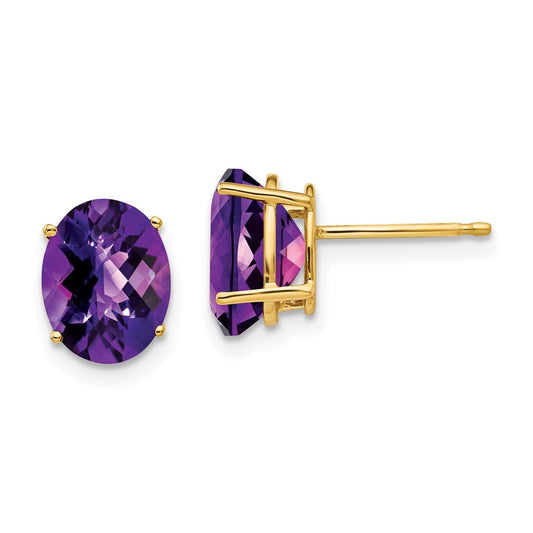 14k Yellow Gold 9x7mm Oval Amethyst Checker Earrings XE89AC