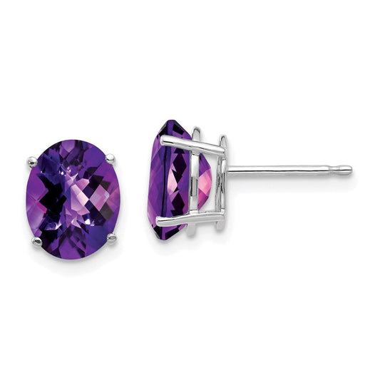 14k White Gold 9x7mm Oval Amethyst Checker Earrings XE89WAC