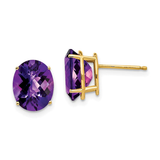 14k Yellow Gold 10x8mm Oval Amethyst Checker Earrings XE90AC
