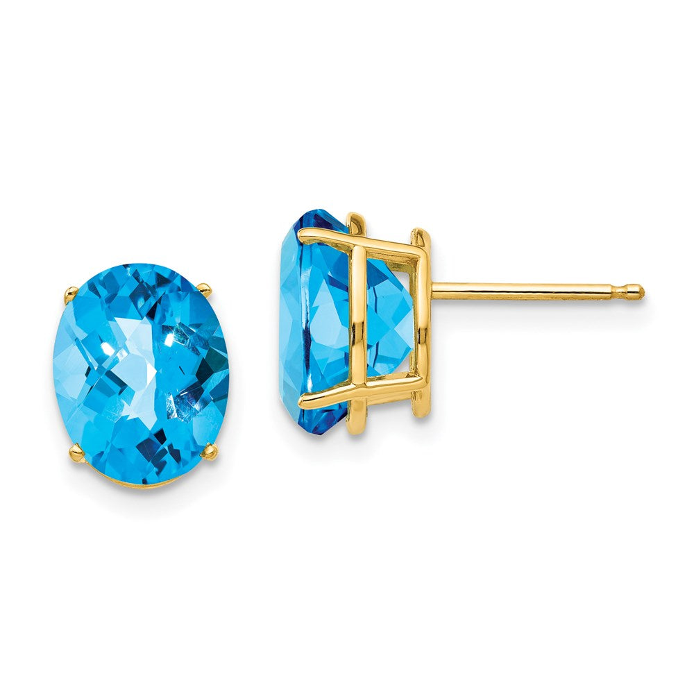 14k Yellow Gold 10x8mm Oval Blue Topaz Checker Earrings XE90BC