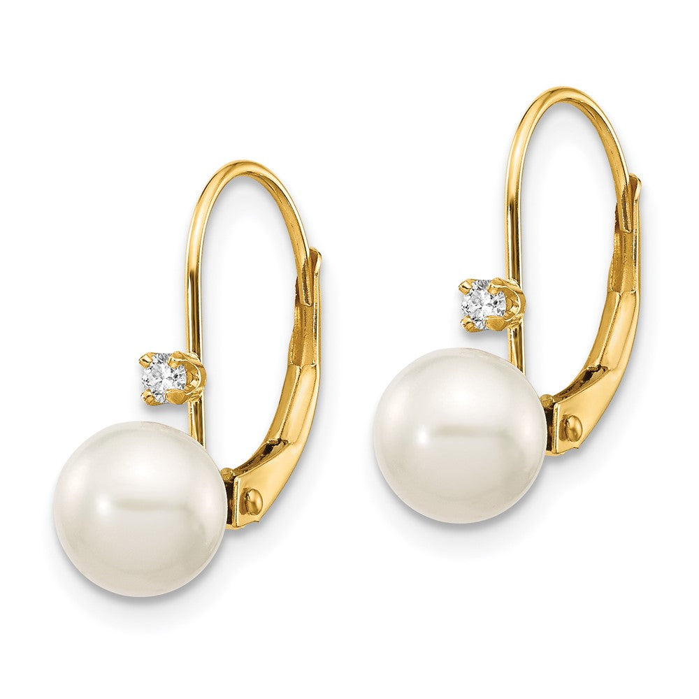 14K 6 7mm Round FW Cultured Pearl .06ct. Diamond Leverback Earrings