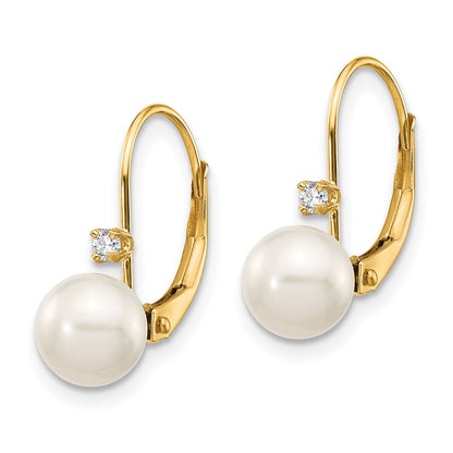 14K 6 7mm Round FW Cultured Pearl .06ct. Diamond Leverback Earrings