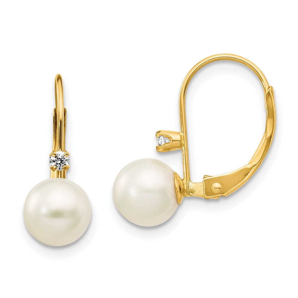 14K 6 7mm Round FW Cultured Pearl .06ct. Diamond Leverback Earrings