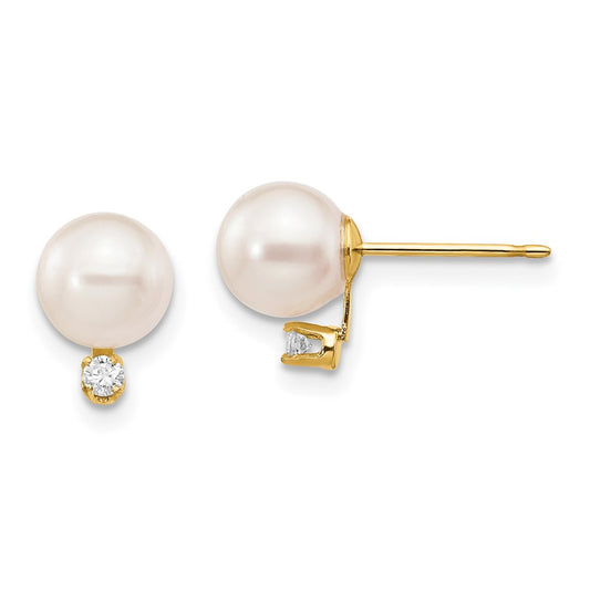 14k 6 7mm White Round Saltwater Akoya Cultured Pearl Diamond Post Earrings