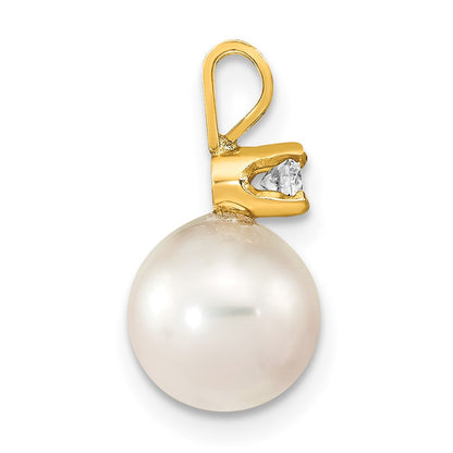14k 8 9mm Round White Saltwater Akoya Cultured Pearl Diamond Pendant