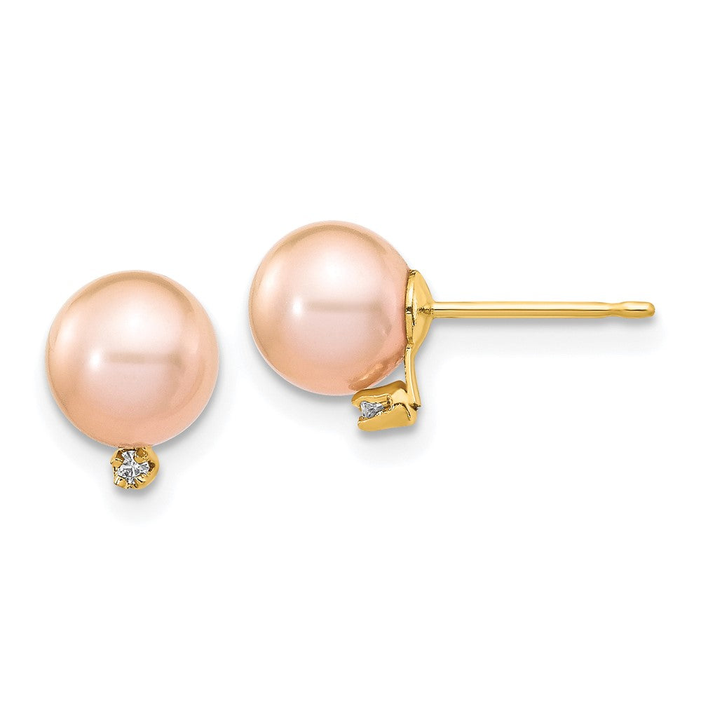 14k 5 6mm Pink Round Freshwater Cultured Pearl .02ct Diamond Post Earrings