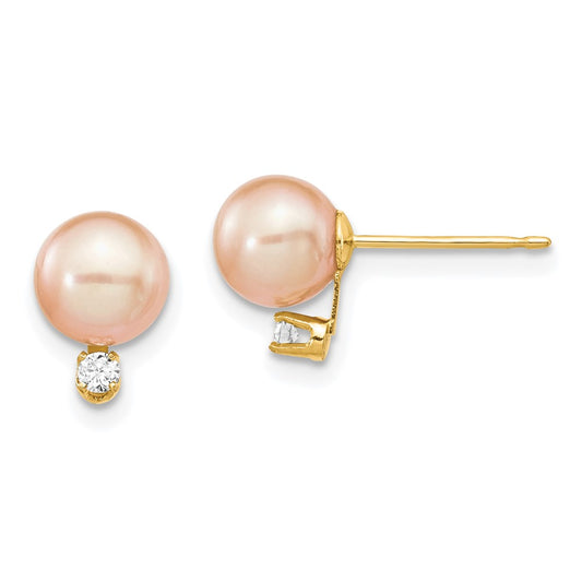 14k 6 7mm Pink Round Freshwater Cultured Pearl .06ct Diamond Post Earrings