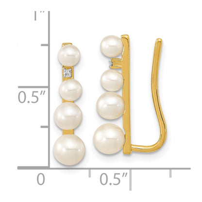 14K 3 5mm Freshwater Cultured Pearl .016ct Diamond Ear Climber Earrings