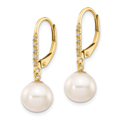 14k 8 9mm White Round FWC Pearl .05ct Diamond Leverback Earrings