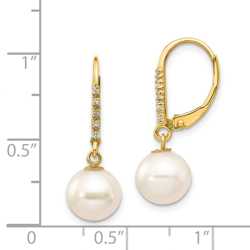 14k 8 9mm White Round FWC Pearl .05ct Diamond Leverback Earrings