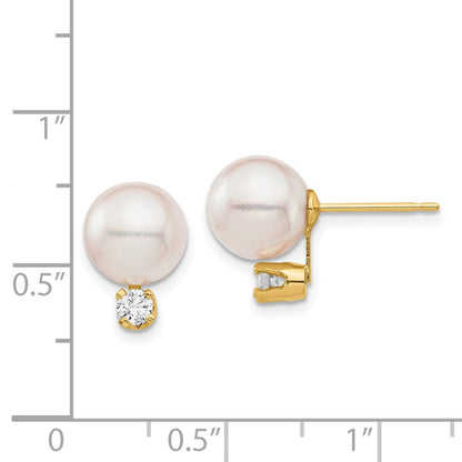 14K 8 9mm White Round Saltwater Akoya Cultured Pearl Diamond Post Earrings