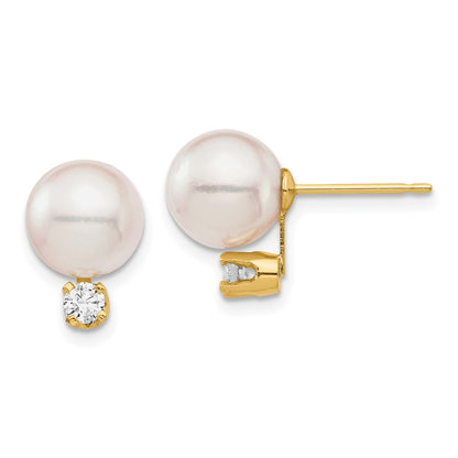 14K 8 9mm White Round Saltwater Akoya Cultured Pearl Diamond Post Earrings