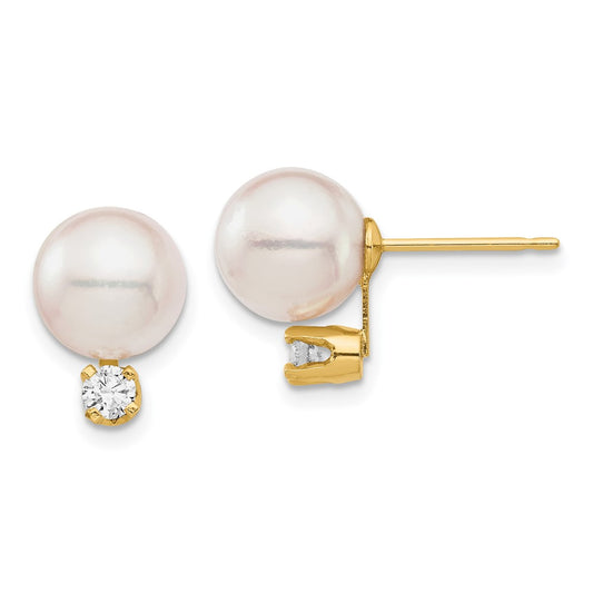 14K 8 9mm White Round Saltwater Akoya Cultured Pearl Diamond Post Earrings