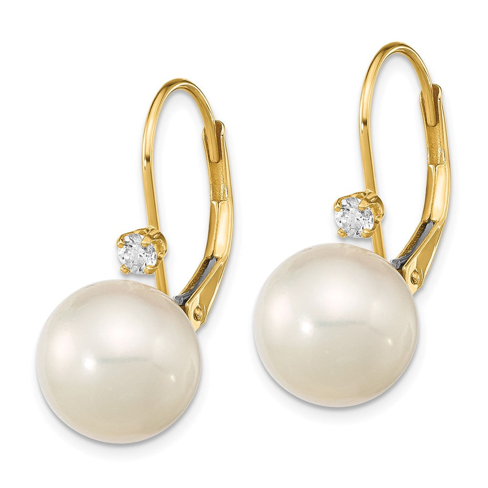 14K 9 9.5mm White Round FWC Pearl .10ct Diamond Leverback Earrings