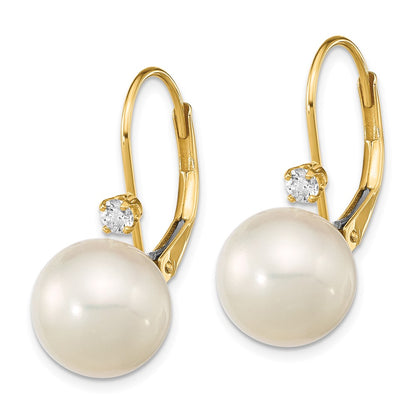 14K 9 9.5mm White Round FWC Pearl .10ct Diamond Leverback Earrings