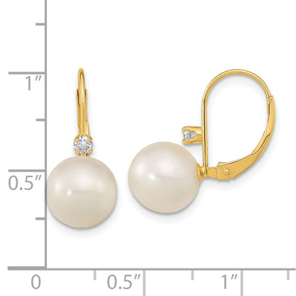 14K 9 9.5mm White Round FWC Pearl .10ct Diamond Leverback Earrings
