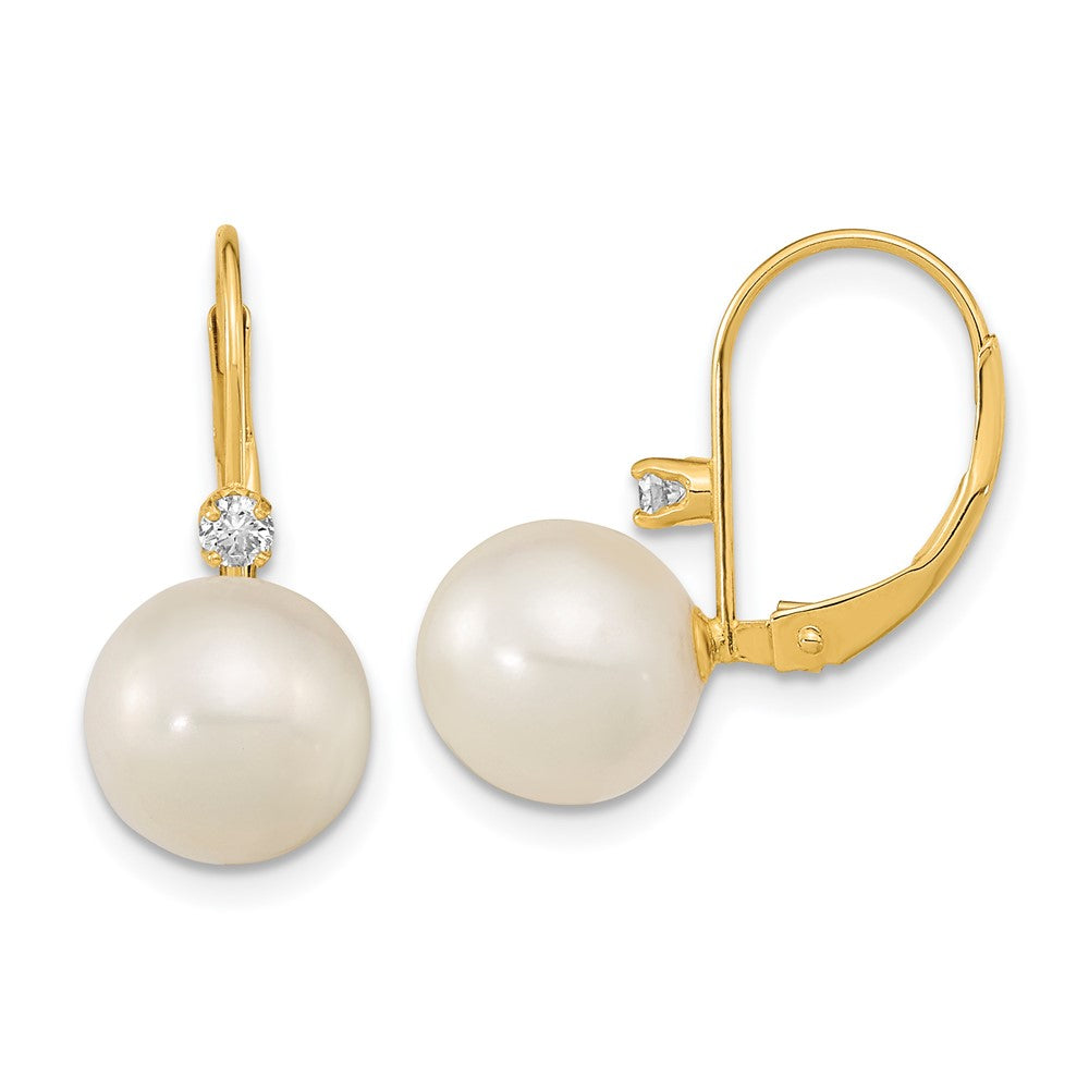 14K 9 9.5mm White Round FWC Pearl .10ct Diamond Leverback Earrings