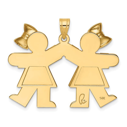 14k Yellow Gold Solid Engravable Large Double Girls with Bows Charm