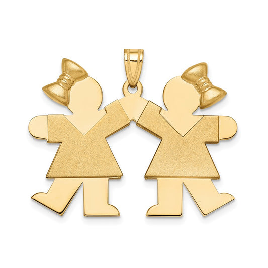 14k Yellow Gold Solid Engravable Large Double Girls with Bows Charm