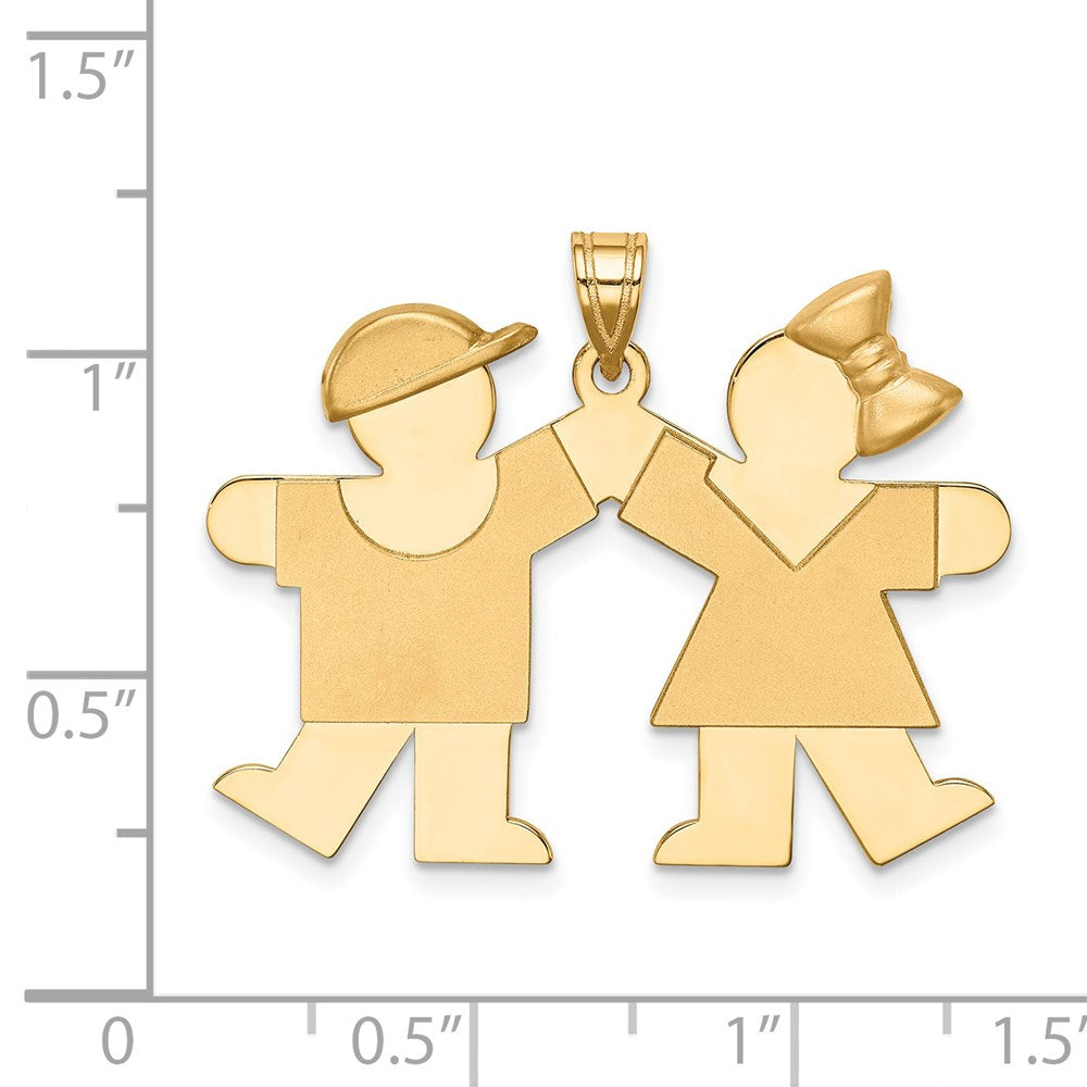 14k Yellow Gold Solid Engravable Boy on Left and Girl on Right Charm
