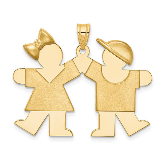 14k Yellow Gold Solid Engravable Girl on Left and Boy on Right Charm