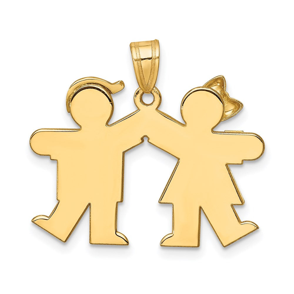 14k Yellow Gold Solid Engravable Small Girl on Left and Boy on Right Charm