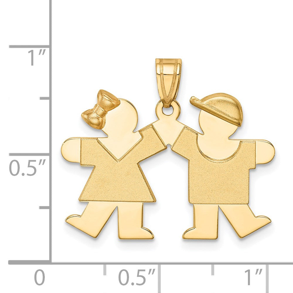 14k Yellow Gold Solid Engravable Small Girl on Left and Boy on Right Charm