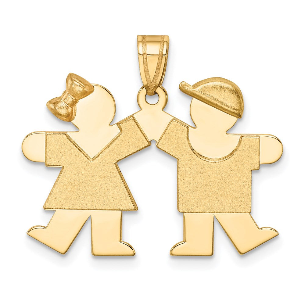 14k Yellow Gold Solid Engravable Small Girl on Left and Boy on Right Charm