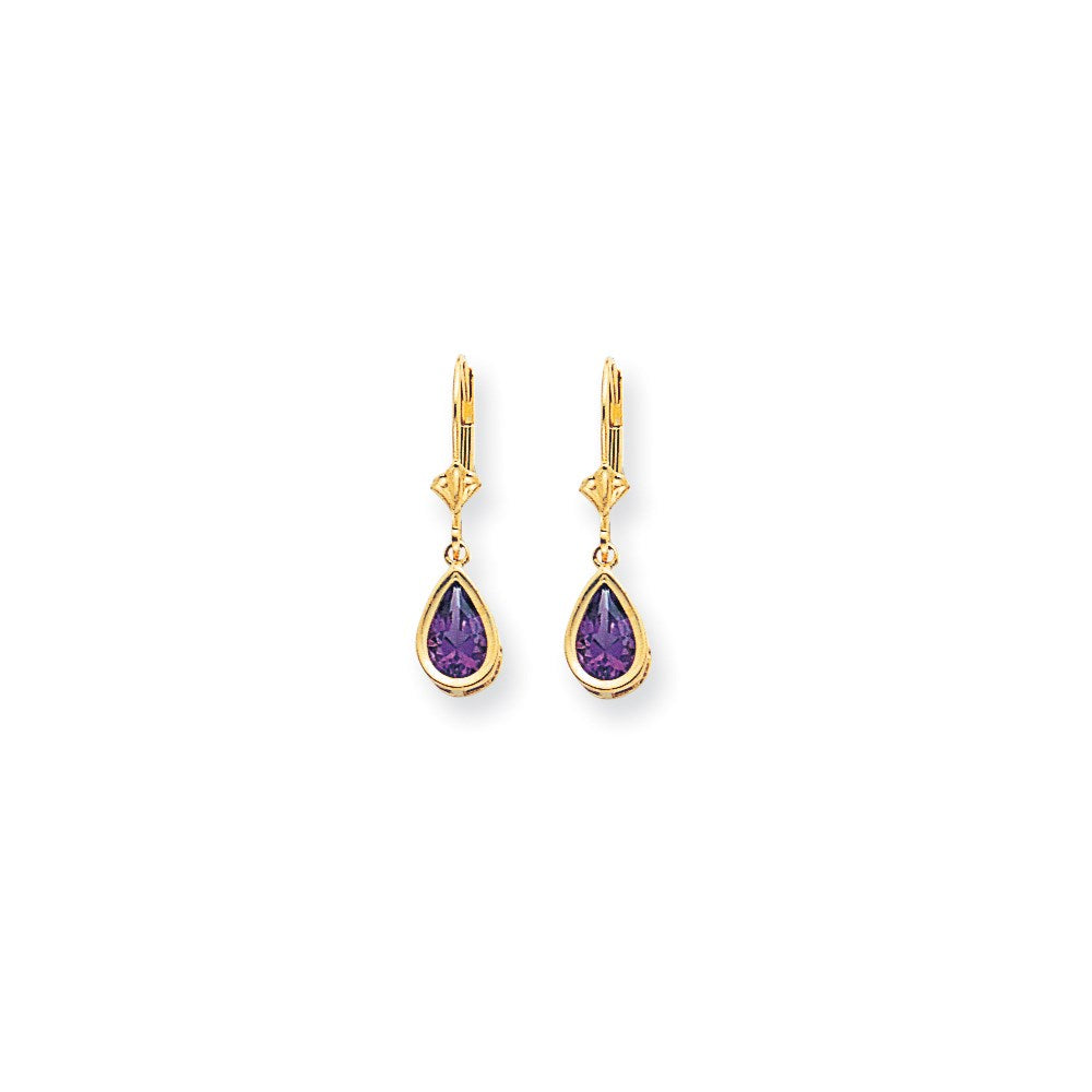 14k Yellow Gold 8x5mm Pear Amethyst Checker leverback Earrings XLB103AC