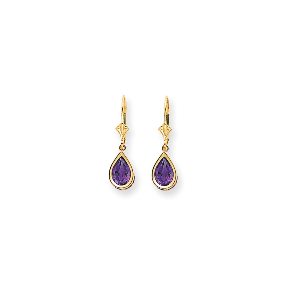 14k Yellow Gold 9x6mm Pear Amethyst Checker leverback Earrings XLB104AC