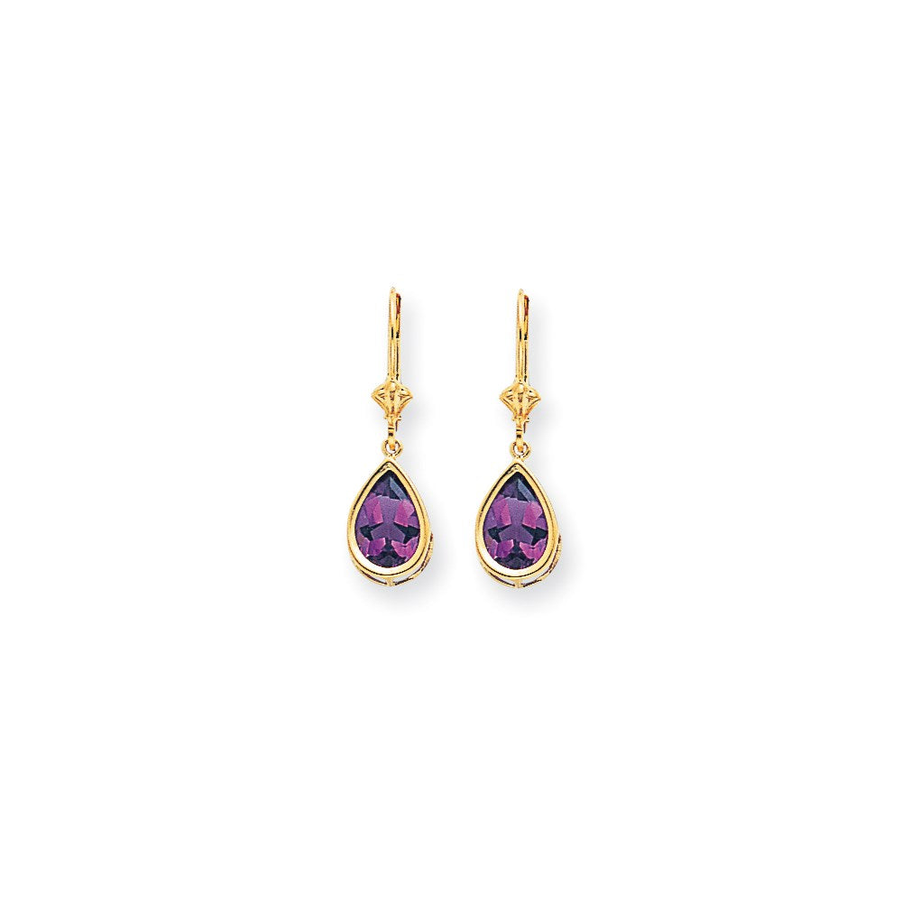 14k Yellow Gold 10x7mm Pear Amethyst Checker leverback Earrings XLB105AC