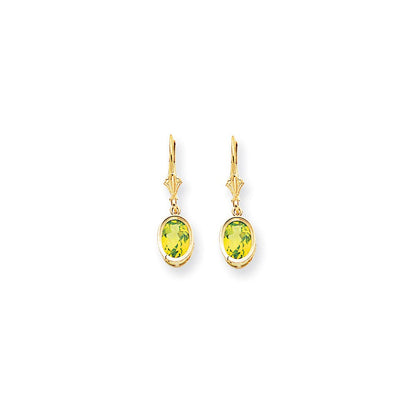 14k Yellow Gold 8x6mm Oval Peridot Checker leverback Earrings XLB107PC