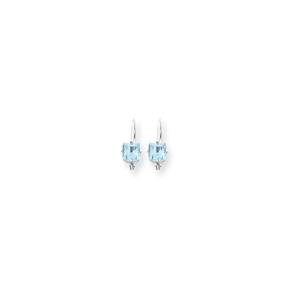 14k White Gold 5mm Princess Cut Blue Topaz Leverback Earrings XLB121WBT
