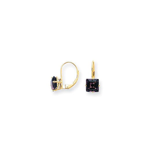 14k Yellow Gold 7mm Princess Cut Amethyst Leverback Earrings XLB123AM