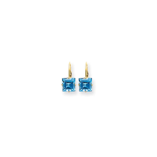 14k Yellow Gold 7mm Princess Cut Blue Topaz Leverback Earrings XLB123BT