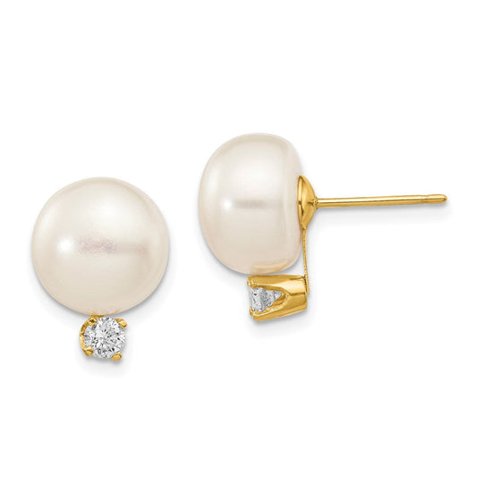 14k Yellow Gold 10-11mm White Button FW Cultured Pearl .2ct Real Diamond Post Earrings XLB158BL