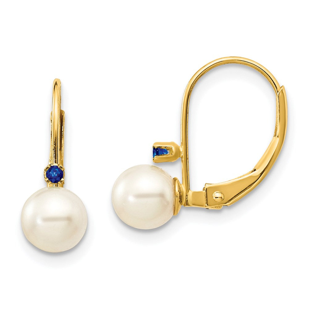 14k Yellow Gold 5-5.5mm White Round FW Cultured Pearl Sapphire Leverback Earrings XLB50S/PL