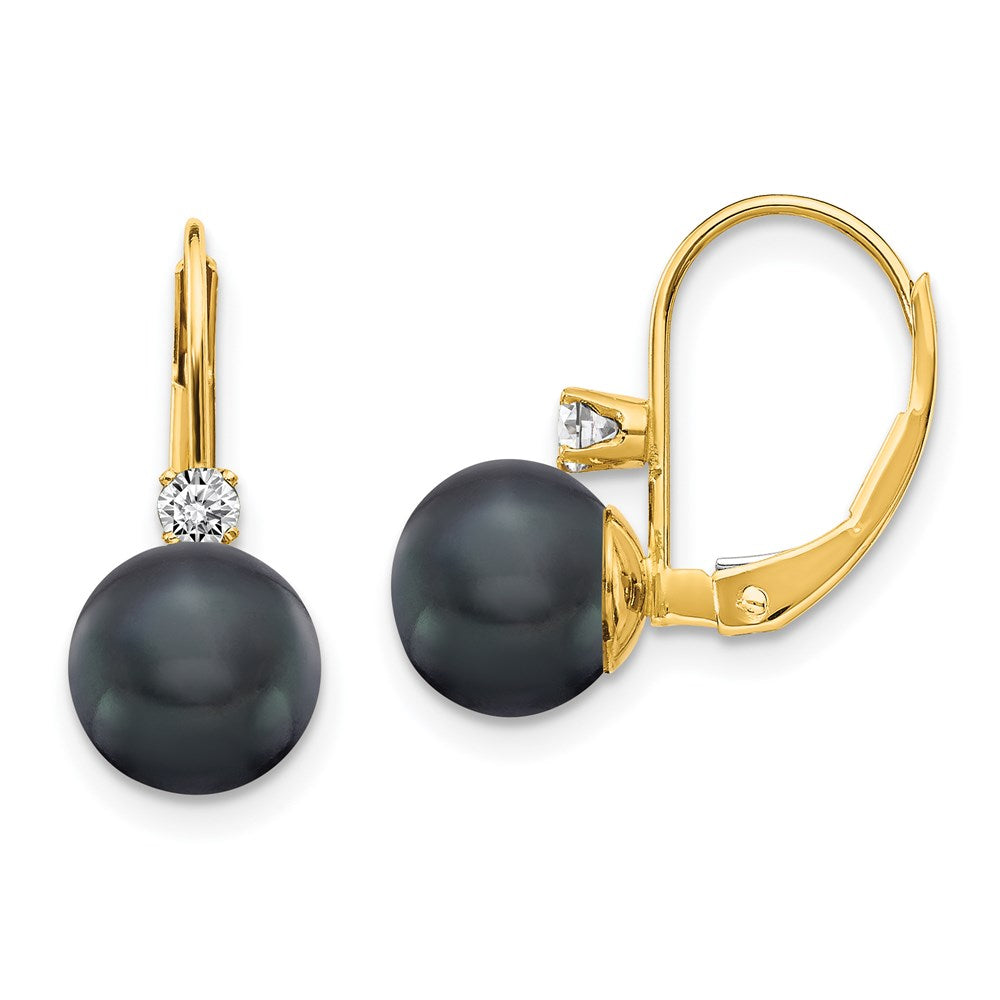 14k Yellow Gold 7-8mm Black FW Cultured Pearl AA Real Diamond Leverback Earrings XLB70BP/AA
